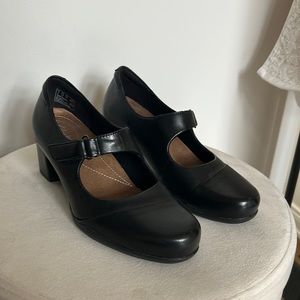 Black Velcro strap leather heels